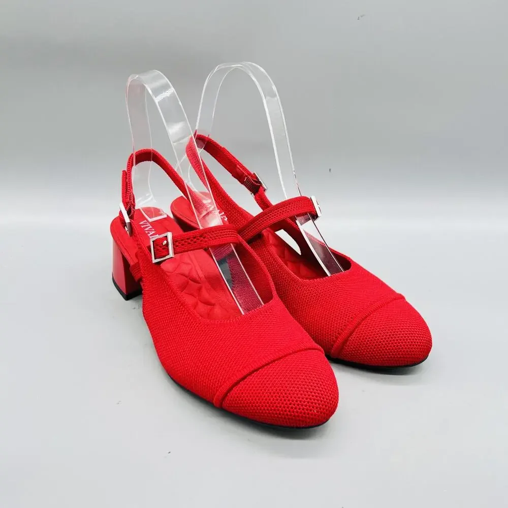 VIVAIA Shoes Womens 6 Red Knit Slingback Block Heel Round Toe Pumps Comfort